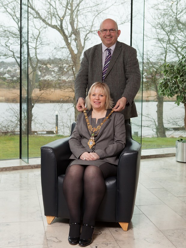 The new and first appointed Mayor of Causeway Coast and Glens Borough Council, Councillor Michelle Knight-McQuillan, has accepted the chain of office from the Presiding Mayor of Causeway Coast and Glens Borough Council, Councillor John Finlay following the merge of the Council areas of Coleraine, Moyle, Ballymoney and Limavady on 1st April 2015 at Councilâ€™s Coleraine office.  For further information on Causeway Coast and Glens Borough Council, please visit www.causewaycoastandglens.gov.uk. 