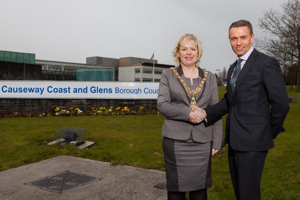 The new and first appointed Mayor of Causeway Coast and Glens Borough Council, Councillor Michelle Knight-McQuillan, has accepted the chain of office from the Presiding Mayor of Causeway Coast and Glens Borough Council, Councillor John Finlay following the merge of the Council areas of Coleraine, Moyle, Ballymoney and Limavady on 1st April 2015 at Councilâ€™s Coleraine office. Pictured is David Jackson, Clerk and Chief Executive of Causeway Coast and Glens Borough Council welcoming Mayor Knight-McQuillan to her Councilâ€™s Coleraine Office following her inauguration.  For further information on Causeway Coast and Glens Borough Council, please visit www.causewaycoastandglens.gov.uk. 