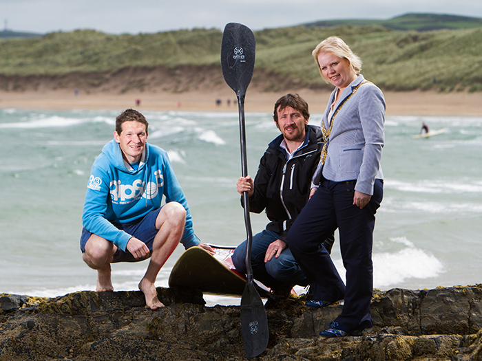 The Mayor of Causeway Coast and Glens Borough Council, Councillor Michelle Knight-McQuillan has welcomed the announcement by the Canoe Association of Northern Ireland (CANI) that Portrush will host the 2017 â€˜World Surf Kayaking Championshipsâ€™. Pictured at Portrush where the event will be held in September 2017 is Mayor of Causeway Coast and Glens Borough Council, Michelle Knight-McQuillan with Ashley Hunter of the Canoe Association of Northern Ireland CANI and world champion surf kayaker, Johnny Bingham. For more information on the 2017 â€˜World Surf Kayaking Championshipsâ€™, â€˜the British Championships and the Home Internationalsâ€™ or canoe sport in Northern Ireland please contact the Canoe Association of Northern Ireland (CANI) on 028 9073 8884 or email office@cani.org.uk.