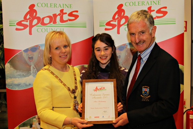 Causeway Coast and Glens Borough Coleraine Sports Council Local Sports Awards took place at Cloonavin Coleraine on the 12th October. Pictured with Mayor of Causeway Coast and Glens Borough Council, Councillor Michelle Knight McQuillan is Aine McKinney (athletics), who was awarded Junior Sportswoman and Stephen Graham from Coleraine Sports Council.  For further details on Causeway Coast and Glens Borough Councilâ€™s sports programmes visit www.causewaycoastandglens.gov.uk. 