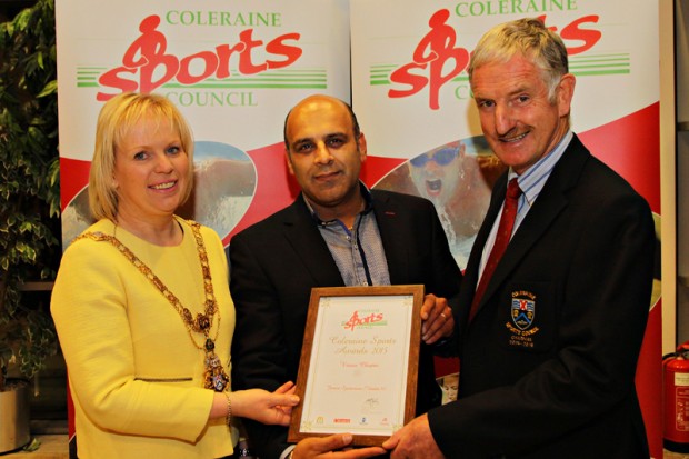 Causeway Coast and Glens Borough Coleraine Sports Council Local Sports Awards took place at Cloonavin Coleraine on the 12th October. Pictured with Mayor of Causeway Coast and Glens Borough Council, Councillor Michelle Knight McQuillan is Varun Chopra (cricket), who was awarded Junior Sportsman and Stephen Graham from Coleraine Sports Council. For further details on Causeway Coast and Glens Borough Councilâ€™s sports programmes visit www.causewaycoastandglens.gov.uk.