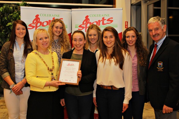 Causeway Coast and Glens Borough Coleraine Sports Council Local Sports Awards took place at Cloonavin Coleraine on the 12th October. Pictured with Mayor of Causeway Coast and Glens Borough Council, Councillor Michelle Knight McQuillan is the Bann Rowing Club Womenâ€™sâ€™ Junior U18 Squad (rowing), who were awarded Junior Team and Stephen Graham from Coleraine Sports Council. For further details on Causeway Coast and Glens Borough Councilâ€™s sports programmes visit www.causewaycoastandglens.gov.uk. 