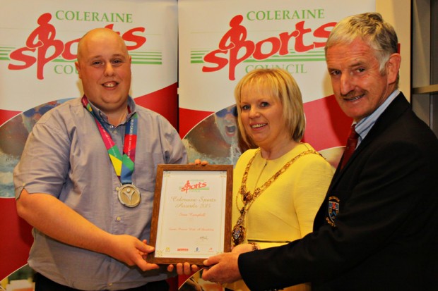 Causeway Coast and Glens Borough Coleraine Sports Council Local Sports Awards took place at Cloonavin Coleraine on the 12th October. Pictured with Mayor of Causeway Coast and Glens Borough Council, Councillor Michelle Knight McQuillan is Sean Campbell (10-pin bowling), who was awarded Sports Person of the Year with a Disability and Stephen Graham from Coleraine Sports Council. For further details on Causeway Coast and Glens Borough Councilâ€™s sports programmes visit www.causewaycoastandglens.gov.uk. 