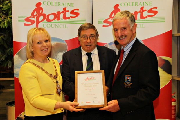 Causeway Coast and Glens Borough Coleraine Sports Council Local Sports Awards took place at Cloonavin Coleraine on the 12th October. Pictured with Mayor of Causeway Coast and Glens Borough Council, Councillor Michelle Knight McQuillan is Dr. Tom Stark (association football), who was recognised for his Services to Sport and Stephen Graham from Coleraine Sports Council. For further details on Causeway Coast and Glens Borough Councilâ€™s sports programmes visit www.causewaycoastandglens.gov.uk. 