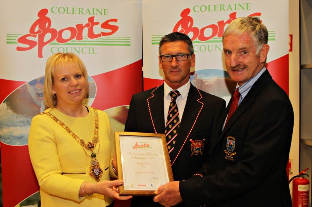 Causeway Coast and Glens Borough Coleraine Sports Council Local Sports Awards took place at Cloonavin Coleraine on the 12th October. Pictured with Mayor of Causeway Coast and Glens Borough Council, Councillor Michelle Knight McQuillan is Geoff Bones (rowing), who was awarded Coach of the Year and Stephen Graham from Coleraine Sports Council. For further details on Causeway Coast and Glens Borough Councilâ€™s sports programmes visit www.causewaycoastandglens.gov.uk. 