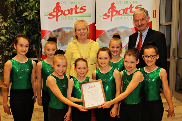 Causeway Coast and Glens Borough Coleraine Sports Council Local Sports Awards took place at Cloonavin Coleraine on the 12th October. Pictured with Mayor of Causeway Coast and Glens Borough Council, Councillor Michelle Knight McQuillan is the Sika Artistic Team (gymnastics), who received the Merit Award and Stephen Graham from Coleraine Sports Council. For further details on Causeway Coast and Glens Borough Councilâ€™s sports programmes visit www.causewaycoastandglens.gov.uk. 