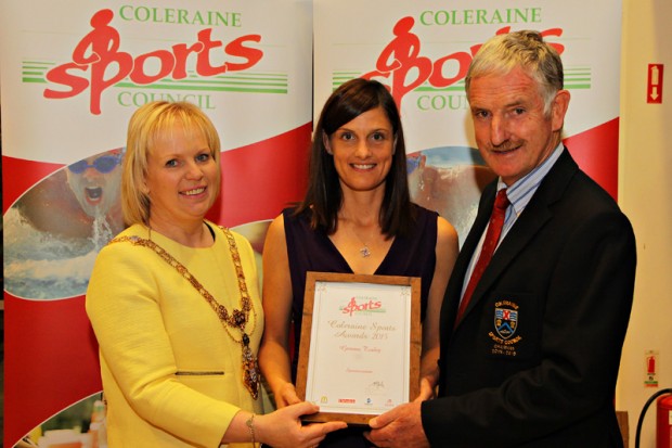 Causeway Coast and Glens Borough Coleraine Sports Council Local Sports Awards took place at Cloonavin Coleraine on the 12th October. Pictured with Mayor of Causeway Coast and Glens Borough Council, Councillor Michelle Knight McQuillan is Gemma Turley (road/trail/cross country running), who was awarded Sportswoman of the Year and Stephen Graham from Coleraine Sports Council. For further details on Causeway Coast and Glens Borough Councilâ€™s sports programmes visit www.causewaycoastandglens.gov.uk. 