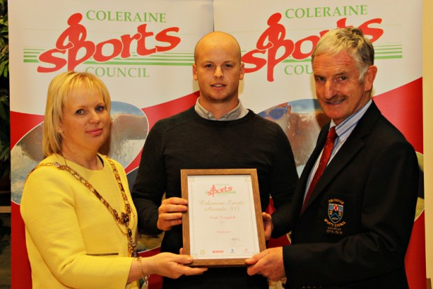 Causeway Coast and Glens Borough Coleraine Sports Council Local Sports Awards took place at Cloonavin Coleraine on the 12th October. Pictured with Mayor of Causeway Coast and Glens Borough Council, Councillor Michelle Knight McQuillan is Scott Campbell (cricket), who was awarded Sportsman of the Year and Stephen Graham from Coleraine Sports Council. For further details on Causeway Coast and Glens Borough Councilâ€™s sports programmes visit www.causewaycoastandglens.gov.uk. 