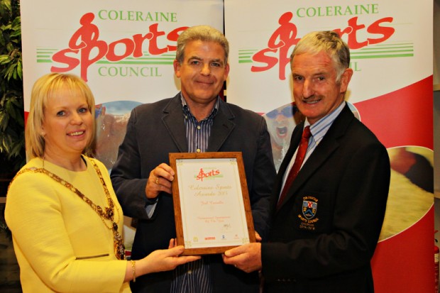 Causeway Coast and Glens Borough Coleraine Sports Council Local Sports Awards took place at Cloonavin Coleraine on the 12th October. Pictured with Mayor of Causeway Coast and Glens Borough Council, Councillor Michelle Knight McQuillan is Joel Cassells (rowing), who was awarded International Sports Person of the Year and Stephen Graham from Coleraine Sports Council. For further details on Causeway Coast and Glens Borough Councilâ€™s sports programmes visit www.causewaycoastandglens.gov.uk. 