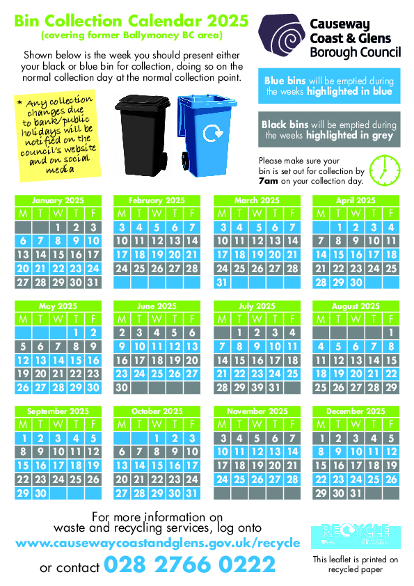 Ballymoney area black and blue bin collection calendar 2025