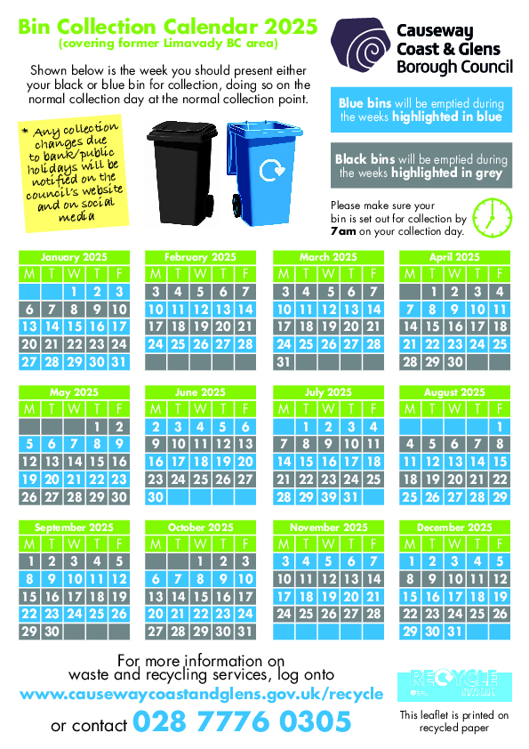 Limavady area black and blue bin collection calendar 2025