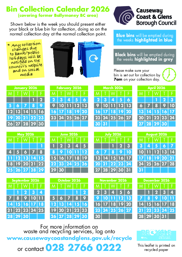 Ballymoney area black and blue bin collection calendar 2026