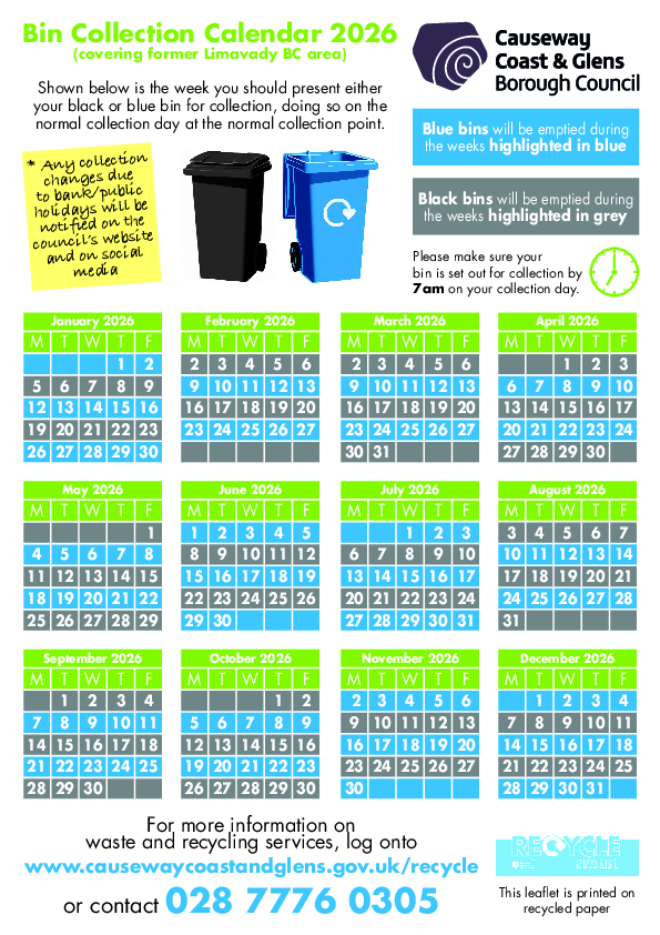 Limavady area black and blue bin collection calendar 2026