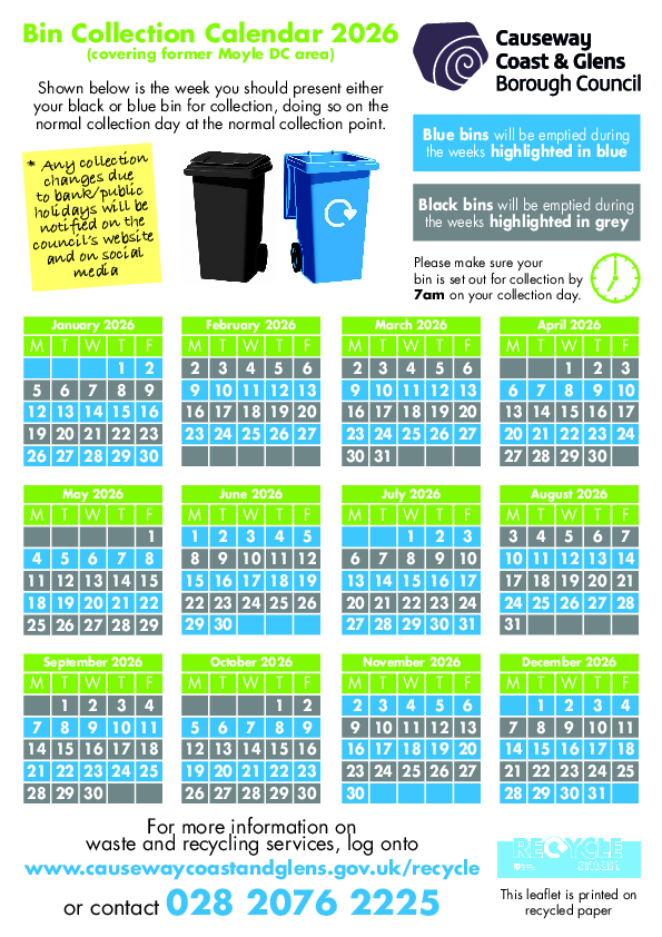 Moyle area black and blue bin collection calendar 2026