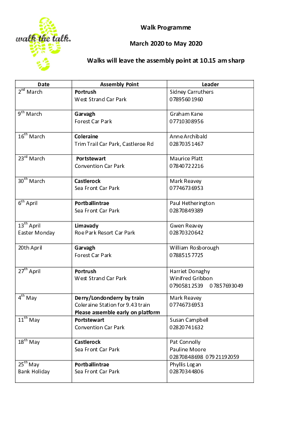 Coleraine/Portstewart Walking for Health Group - Walk Programme (March - May 2020)