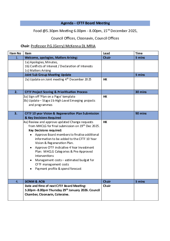 CFTF Board Meeting Agenda 15th December 2025