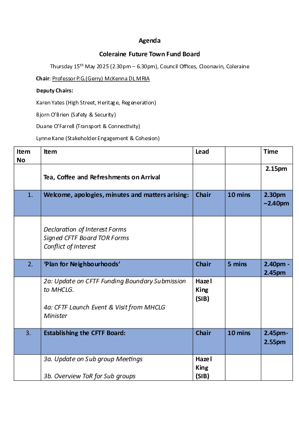 CFTF Board Meeting Agenda 15th May 2025