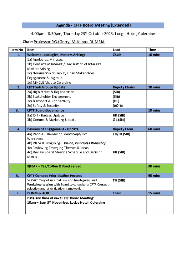 CFTF Board Meeting Agenda 23rd October 2025