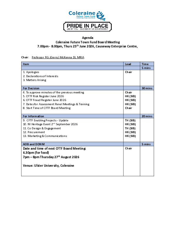 CFTF Board Meeting Agenda 25 06 26
