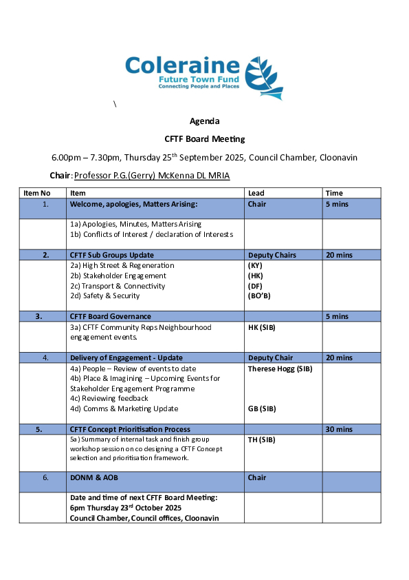 CFTF Board Meeting Agenda 25th September 2025 1