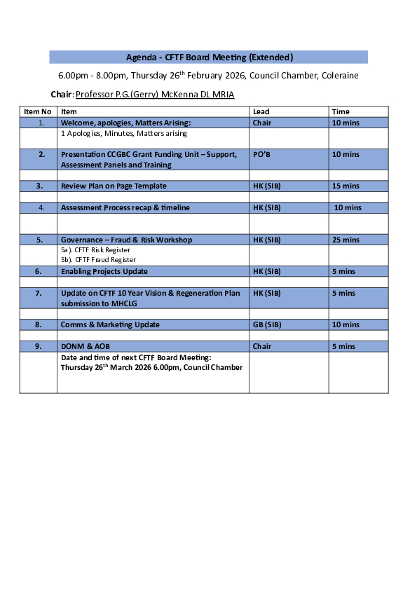 CFTF Board Meeting Agenda 26th Feb 2026