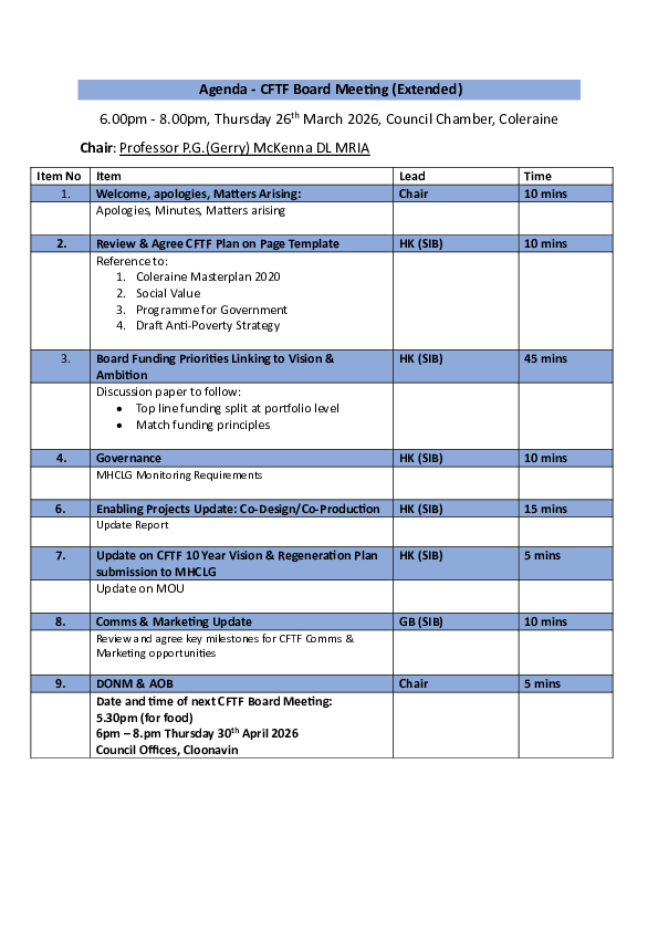 CFTF Board Meeting Agenda 26th March 2026