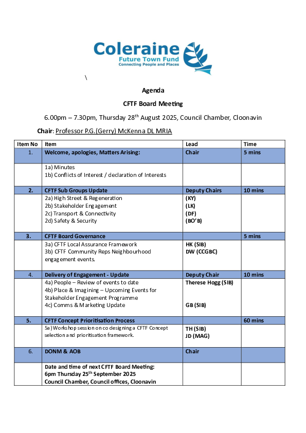 CFTF Board Meeting Agenda 28th August 2025