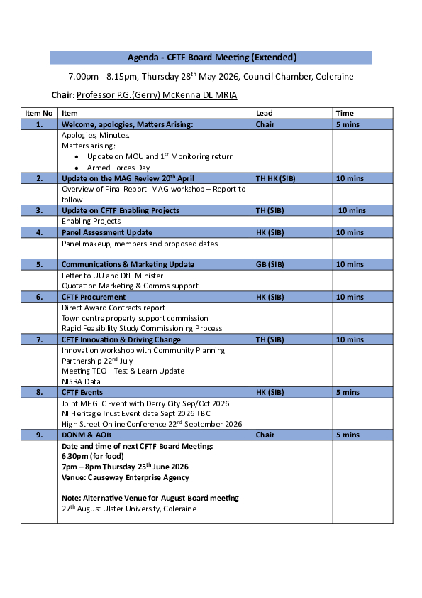 CFTF Board Meeting Agenda 28th May 2026