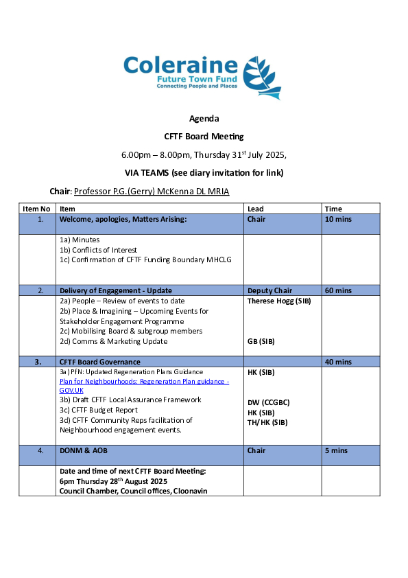 CFTF Board Meeting Agenda 31st July 2025