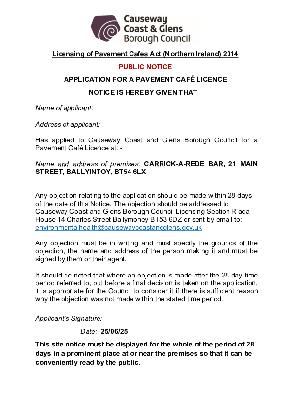 PC19 - Carrick-A Rede Bar, 21 Main Street, Ballintoy, BT54 6LX - Public Notice and Site Plan
