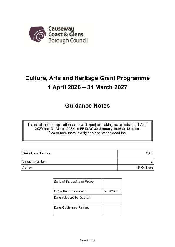Culture, Arts & Heritage Guidance Notes 2026-27