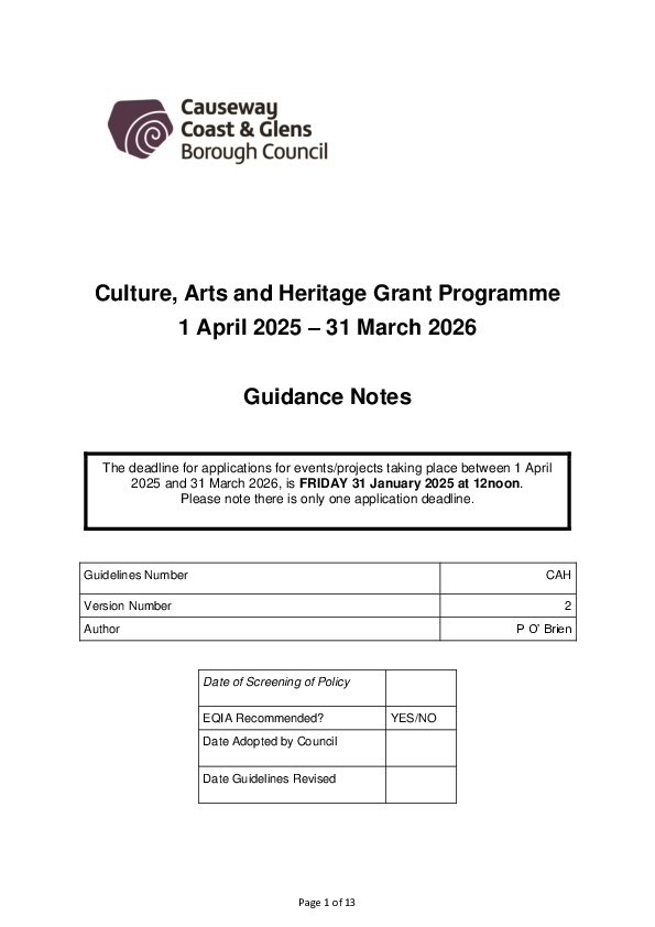 Culture, Arts & Heritage Guidance Notes 2025-26