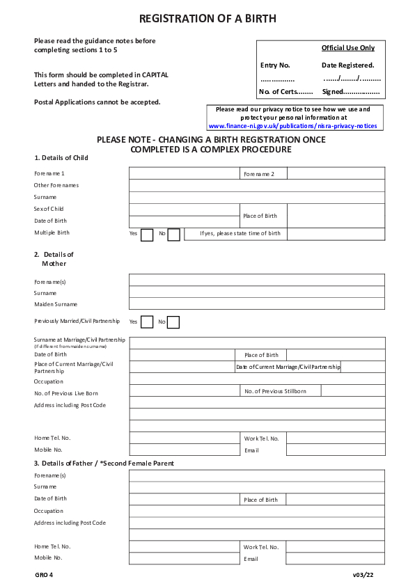 GRO4 Birth Registration Form - editable