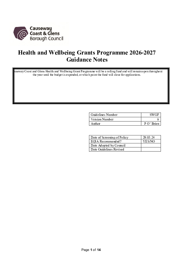 Health and Wellbeing Grants Programme 2026-27 Guidance Notes
