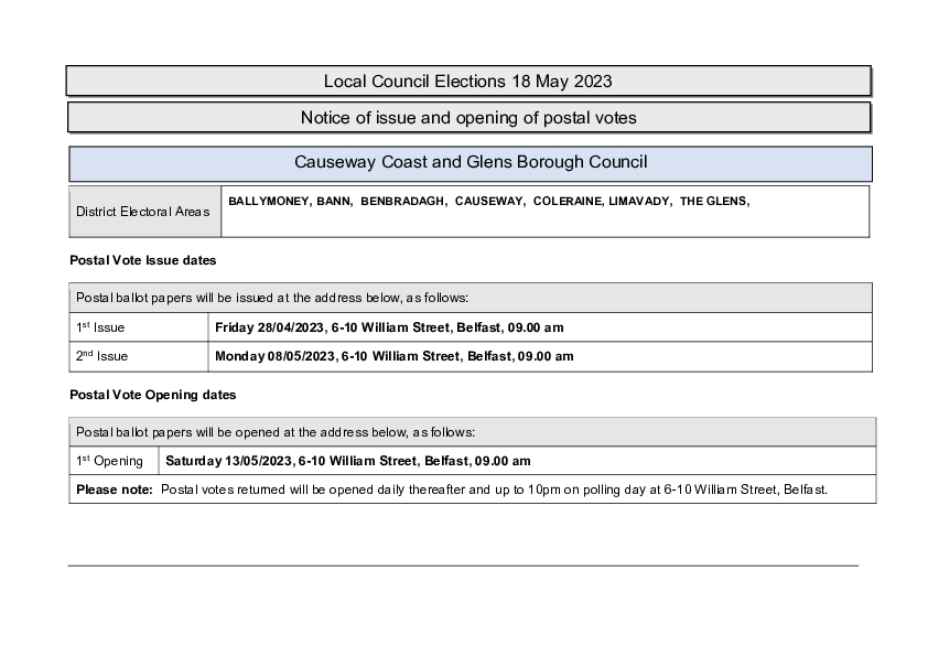 Notice of Issue and Opening of Postals Votes