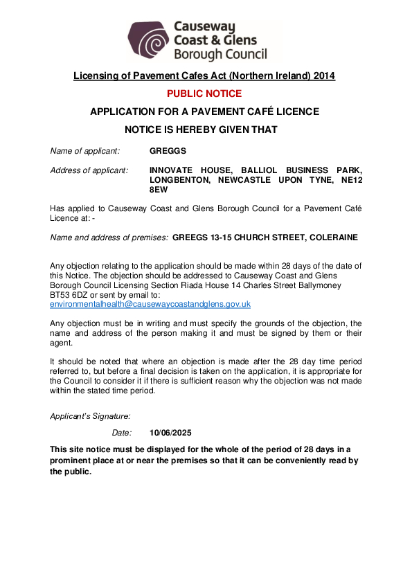 PC01 - Greggs, 13-15 Church Street, Coleraine BT52 1AW - Public Notice and Site Plan