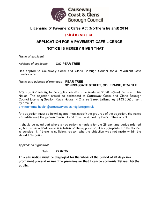 PC03 - Pear Tree, 32 Kingsgate Street, Coleraine, BT52 1LE - Public Notice and Site Plan