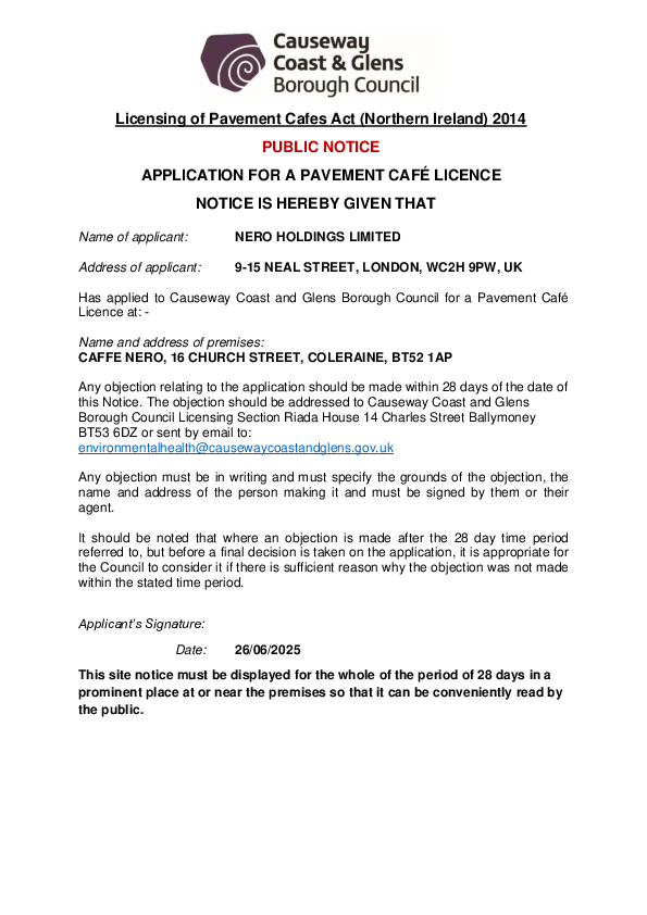 PC04 - Caffé Nero, 16 Church Street, Coleraine, BT52 1AP - Public Notice and Site Plan