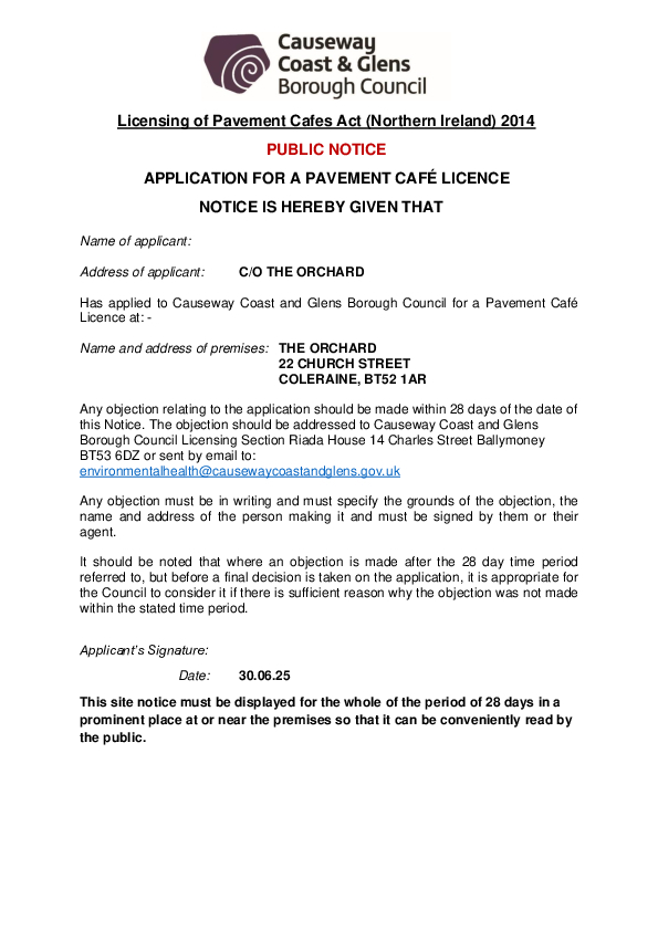 PC05 - The Orchard, 22 Church Street, Coleraine, BT52 1AR - Public Notice and Site Plan