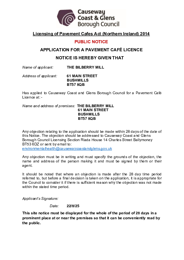 PC11 - Bilberry Mill, 61 Main Street, Bushmills, BT57 8QB - Public Notice and Site Plan