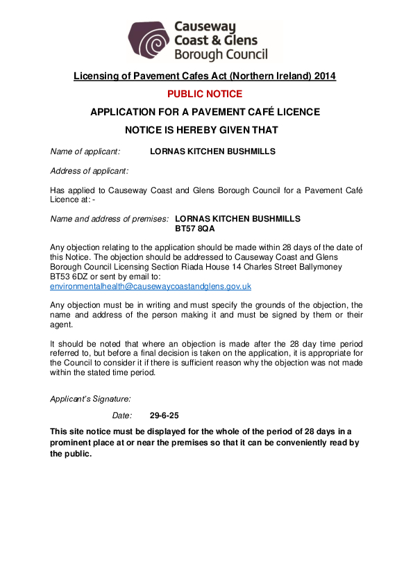 PC12 - Lorna's Kitchen, 57a Main Street, Bushmills, BT57 8QA - Public Notice and Site Plan
