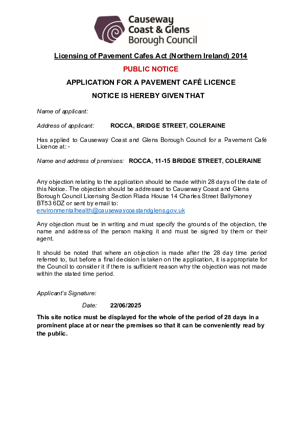 PC13 - Rocca, 11-15 Bridge Street, Coleraine, BT52 1DR - Public Notice and Site Plan