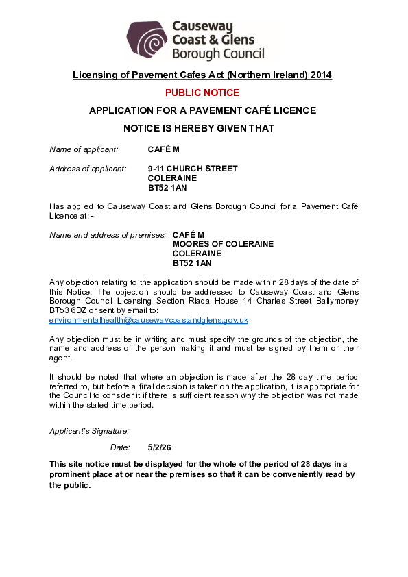 PC14 - Café M, Moores of Coleraine, 9-11 Church Street, Coleraine, BT52 1AN - Public Notice and Site Plan