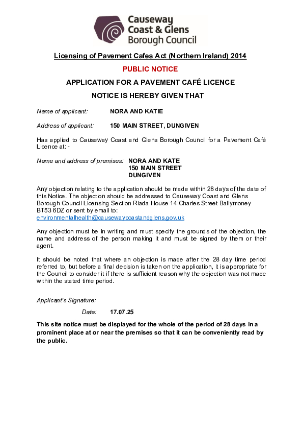PC15 - Nora & Katie, 150 Main Street, Dungiven, BT47 4LG - Public Notice and Site Plan