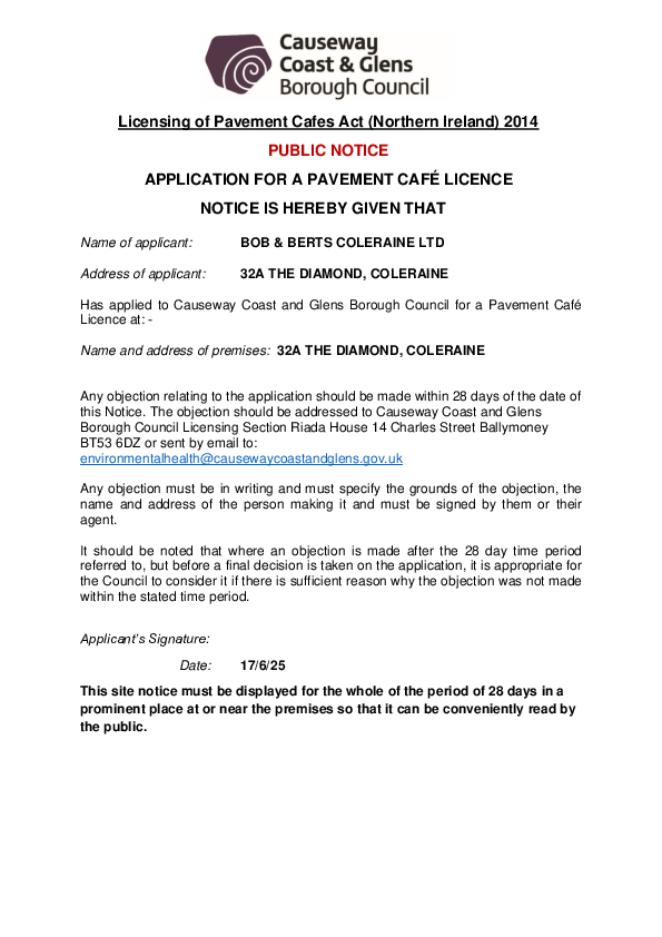 PC17 - Bob and Berts, 32 The Diamond, Coleraine, BT52 1DP - Public Notice and Site Plan