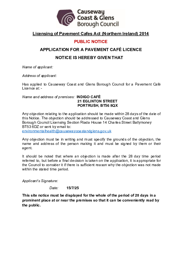 PC22 - Indigo Café, 21 Eglinton Street, Portrush, BT56 8DX - Public Notice and Site Plan