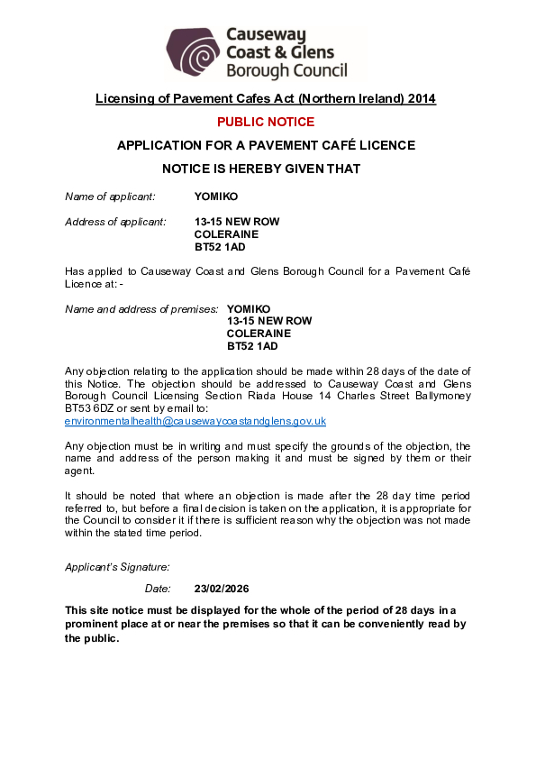 PC25 - Yomiko, 13-15 New Row, Coleraine, BT52 1HP - Public Notice and Site Plan