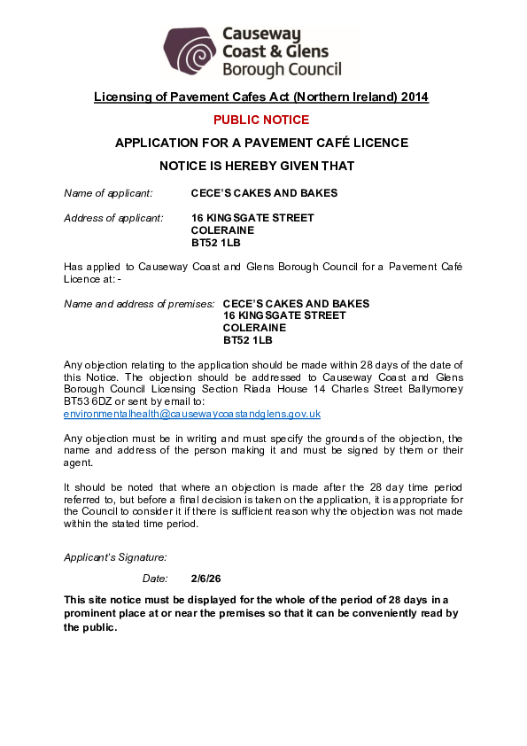 PC26 - CeCe's Cakes and Bakes, 16 Kingsgate Street, Coleraine, BT52 1LB - Public Notice and Site Plan