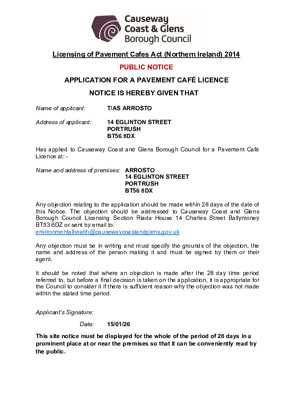 PC30 -Arrosto Café, 14 Eglinton Street, Portrush, BT56 8DX - Public Notice and Site Plan