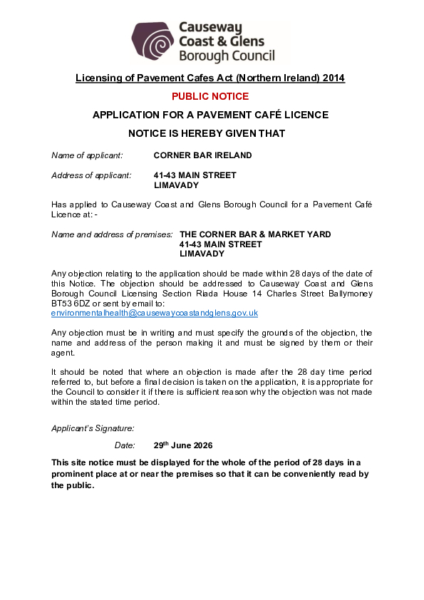 PC42 - The Corner Bar, 41 Main Street, Limavady, BT49 0EP- Public Notice and Site Plan